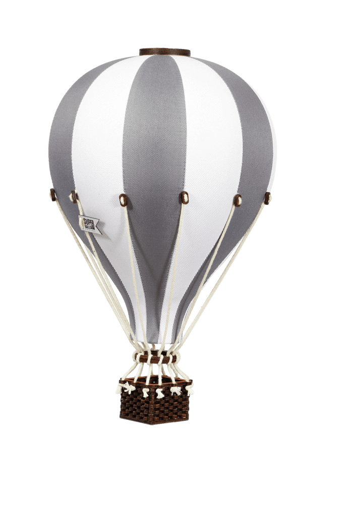 White and dark grey inflatable hot air balloon decoration for baby nursery and gender reveal décor.