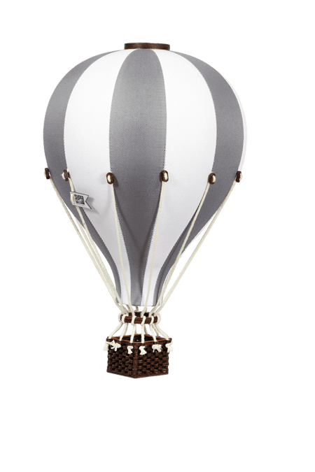 White and dark grey inflatable hot air balloon decoration for baby nursery and gender reveal décor.