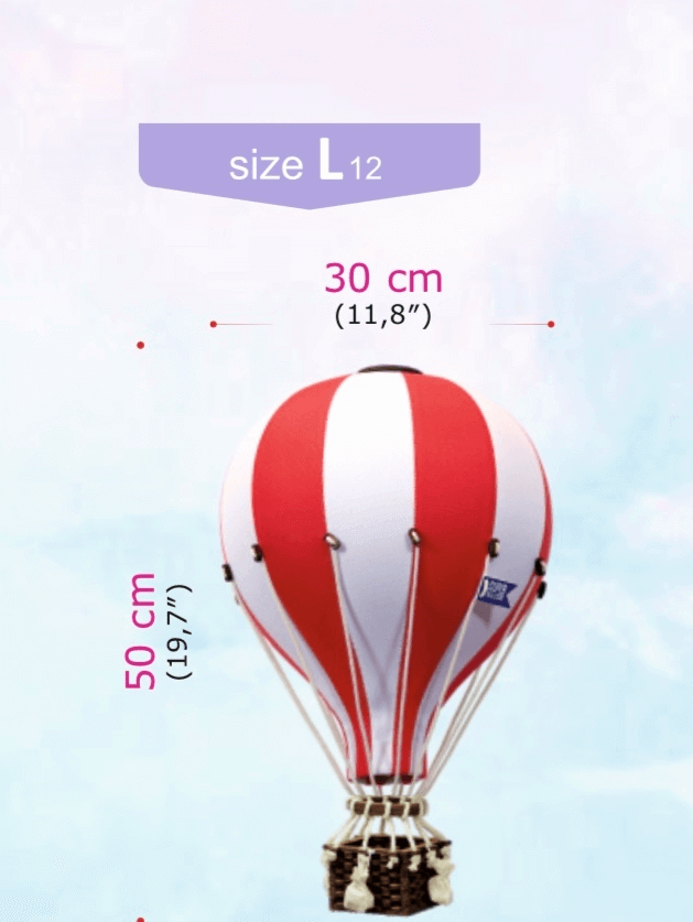 Large red and white inflatable hot air balloon decoration with dimensions for baby room or nursery décor.