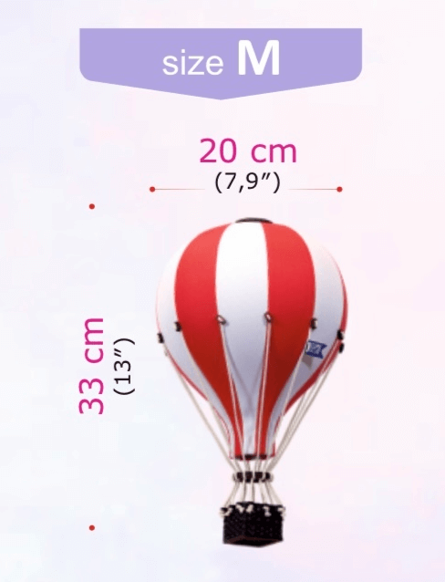 Medium inflatable hot air balloon decoration in red and white, 33 cm tall, perfect for nursery, baby shower, or birthday decor.