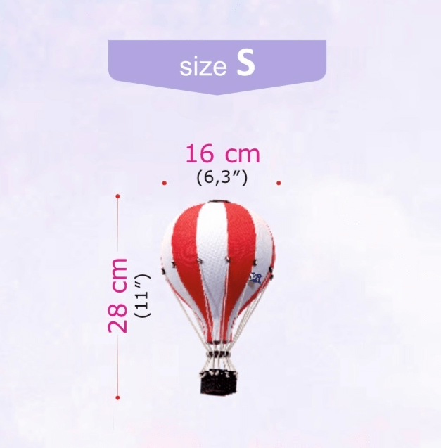 Small red and white inflatable hot air balloon decoration with measurements, perfect for baby nursery or gender reveal decor.