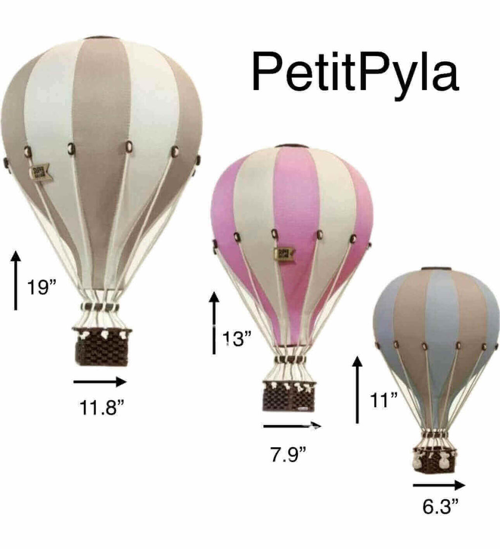 Inflatable hot air balloon decorations in beige, pink, and blue sizes for baby nursery, gender reveal, baby shower, and birthday decor.