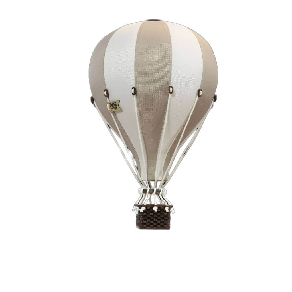 Inflatable gold and white hot air balloon decoration for baby room decor and gender reveal celebrations.