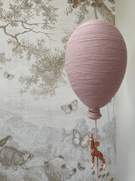 Powder pink hot air balloon nursery decor with giraffe charm, perfect for baby showers, gender reveal, and room decoration.