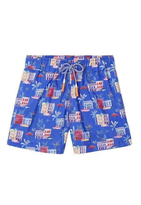 Boys' sustainable swim trunks, blue Cuba swim trunks - Petitpyla